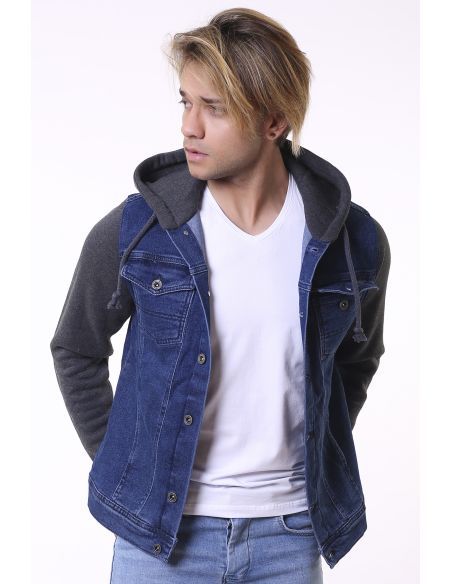 Navy Blue Hooded Anthracite Men Jeans Jacket