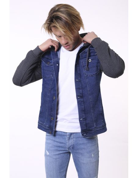 Navy Blue Hooded Anthracite Men Jeans Jacket