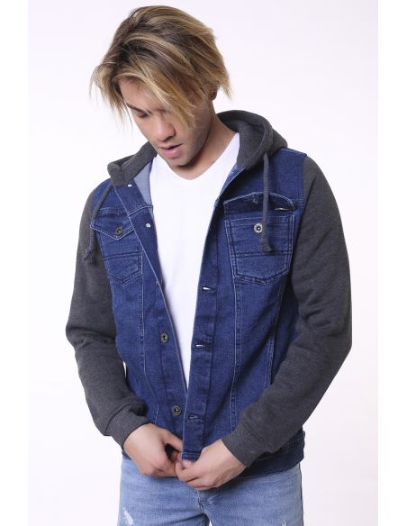 Navy Blue Hooded Anthracite Men Jeans Jacket