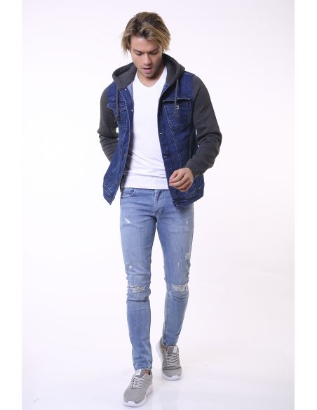 Navy Blue Hooded Anthracite Men Jeans Jacket