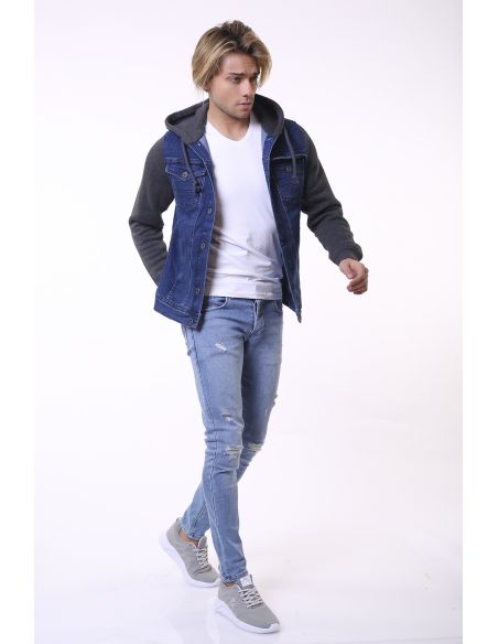 Navy Blue Hooded Anthracite Men Jeans Jacket