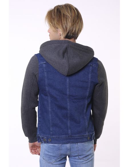 Navy Blue Hooded Anthracite Men Jeans Jacket