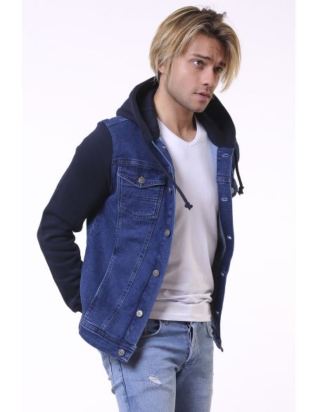 Navy Blue Hooded Mens Jeans Jacket