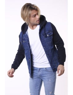 Navy Blue Hooded Mens Jeans Jacket 2