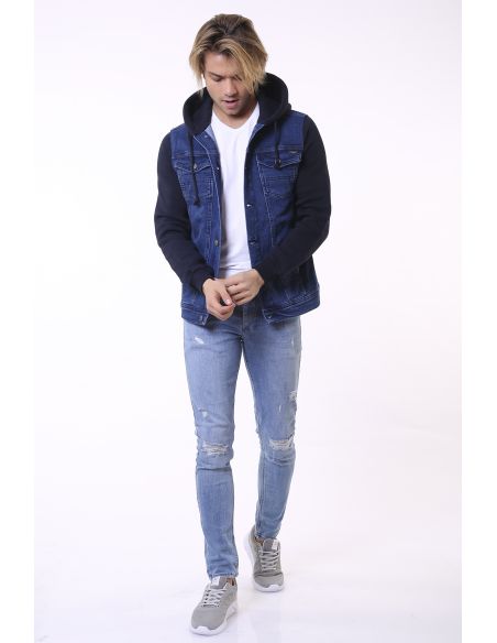 Navy Blue Hooded Mens Jeans Jacket