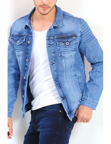 Shoulder Detail Double Pocket Blue Mens Jeans Jacket