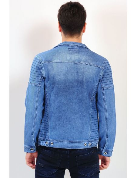 Shoulder Detail Double Pocket Blue Mens Jeans Jacket