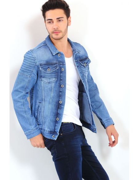 Veste en jean à double poche bleue pour hommes