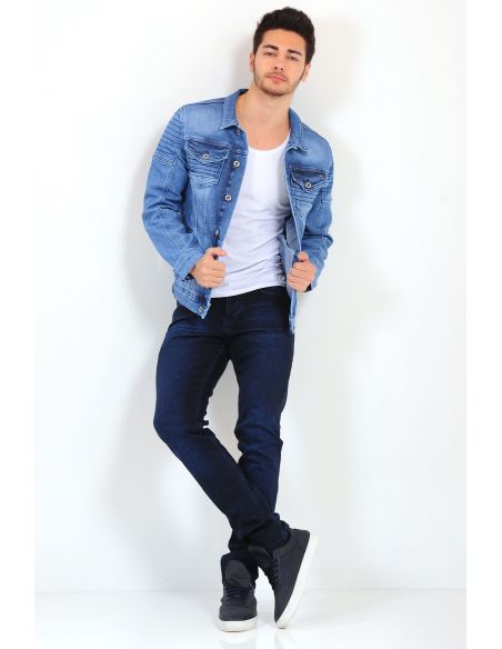 Veste en jean à double poche bleue pour hommes