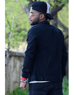 Honeycomb Texture Double Pocket Black Mens Jeans Jacket 2