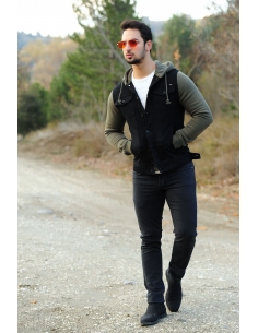 Black Sleeves Khaki Hooded Mens Jeans Jacket