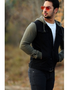 Black Sleeves Khaki Hooded Mens Jeans Jacket 2
