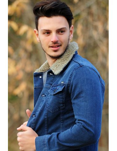 Collar Fur Coat Double Pocket Blue Mens Jeans Jacket