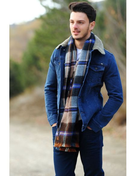 Collar Fur Coat Double Pocket Blue Mens Jeans Jacket