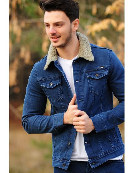 Collar Fur Coat Double Pocket Blue Mens Jeans Jacket