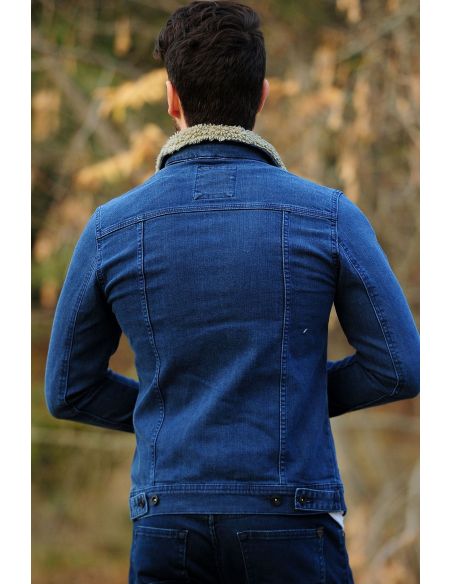 Collar Fur Coat Double Pocket Blue Mens Jeans Jacket