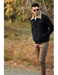 Collar Fur Black Mens Jeans Jacket