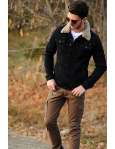 Collar Fur Black Mens Jeans Jacket 2