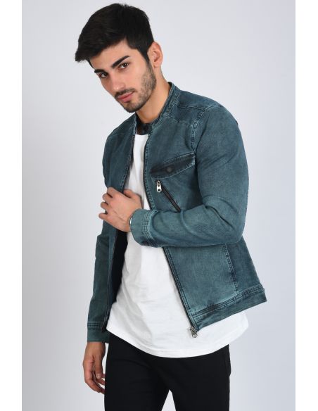 Light Green Zippered Men's Jeans Jacket