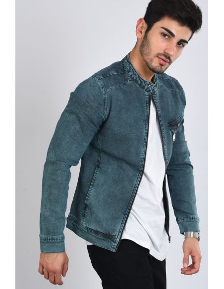 Light Green Zippered Men's Jeans Jacket