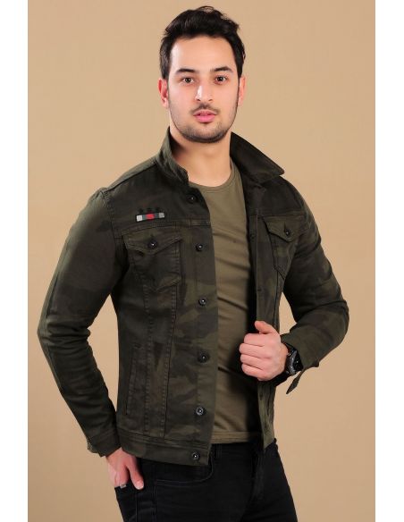 Rigid Detail Camouflage Khaki Mens Jeans Jacket