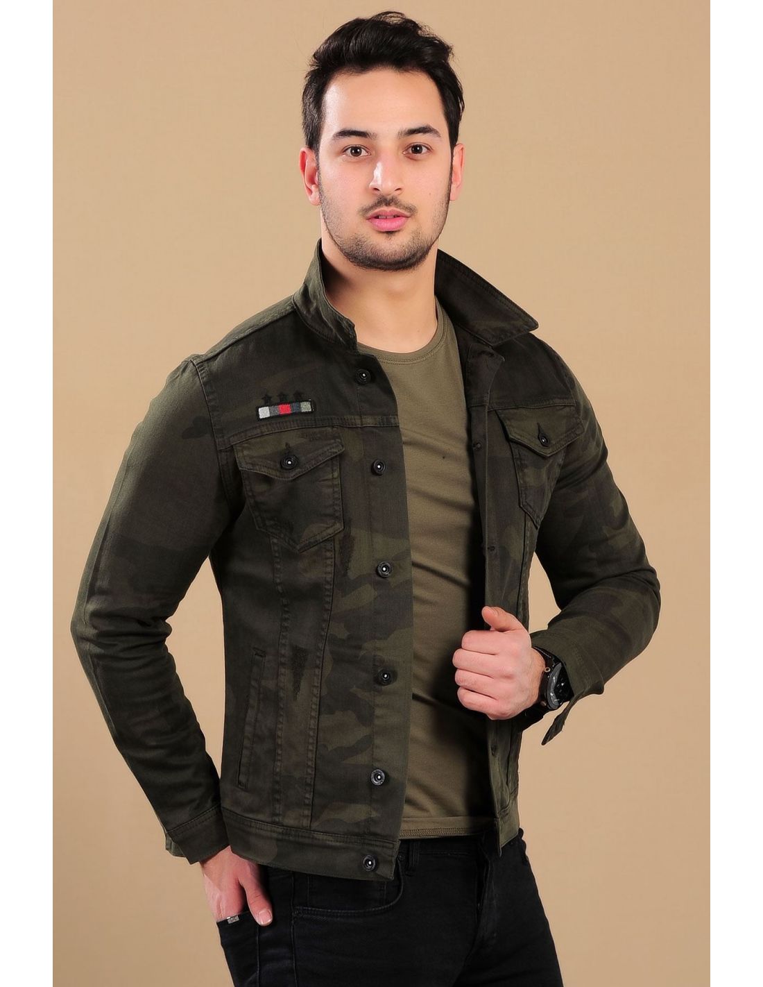 boohoo Khaki 4 Pocket Denim Jacket | Green jacket men, Denim jacket men  outfit, Business casual attire for men