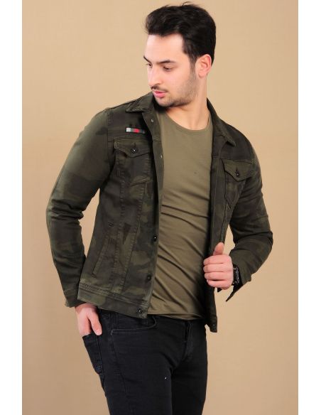 Rigid Detail Camouflage Khaki Mens Jeans Jacket