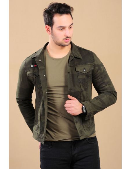 Rigid Detail Camouflage Khaki Mens Jeans Jacket