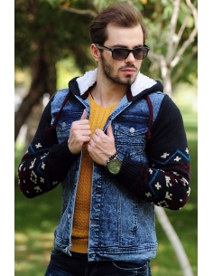 Burgundy Patterned Tricot Sleeve Mens Jeans Jacket