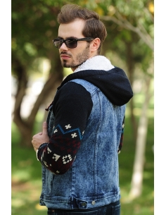 Burgundy Patterned Tricot Sleeve Mens Jeans Jacket 2