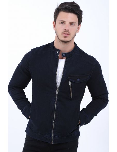 Pocket Zipper Dark Navy Blue Mens Jeans Jacket