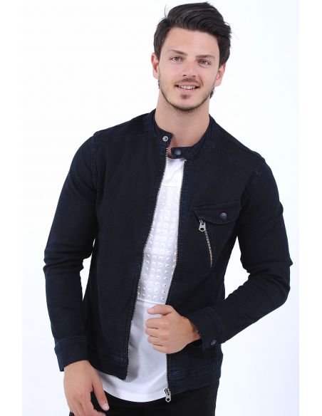 Pocket Zipper Dark Navy Blue Mens Jeans Jacket