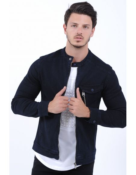 Pocket Zipper Dark Navy Blue Mens Jeans Jacket