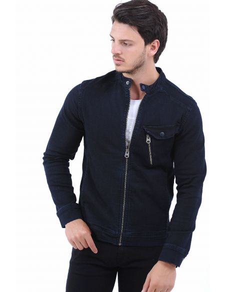 Pocket Zipper Dark Navy Blue Mens Jeans Jacket