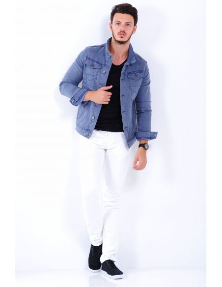 Double Pocket Light Blue Mens Jeans Jacket