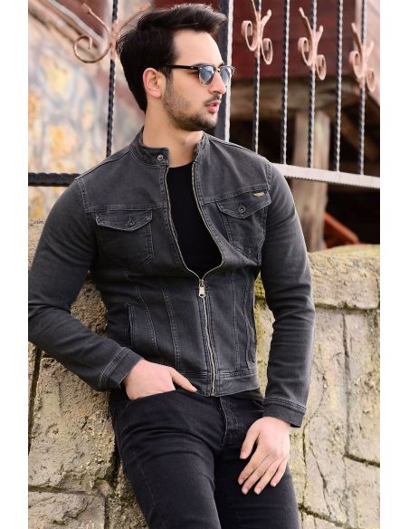 Double Pocket Detail Zippered Smoked Men Jeans Jacket