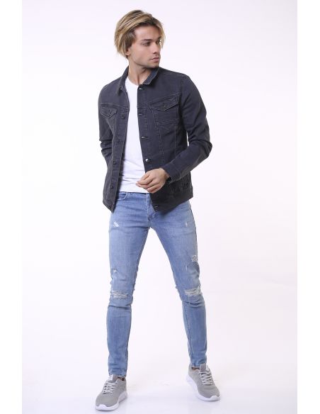 Veste en jean pour hommes avec bouton à double poche