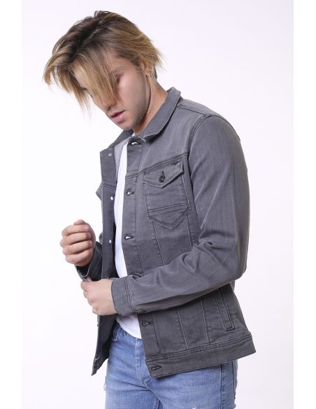 Double Pocket Buttoned Light Gray Mens Jeans Jacket