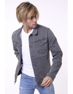 Double Pocket Buttoned Light Gray Mens Jeans Jacket 2