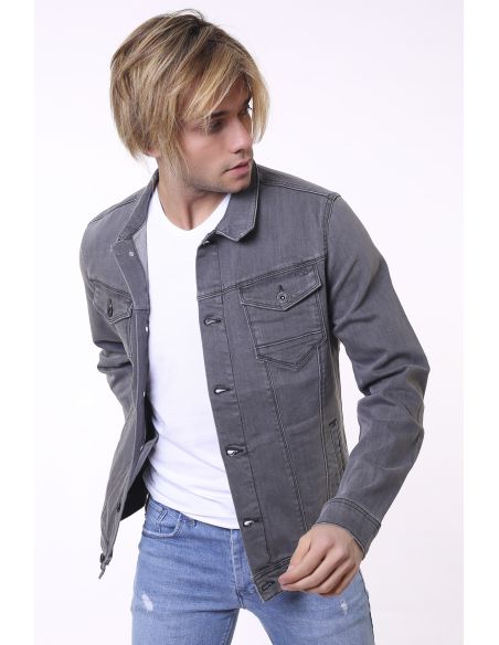 Double Pocket Buttoned Light Gray Mens Jeans Jacket