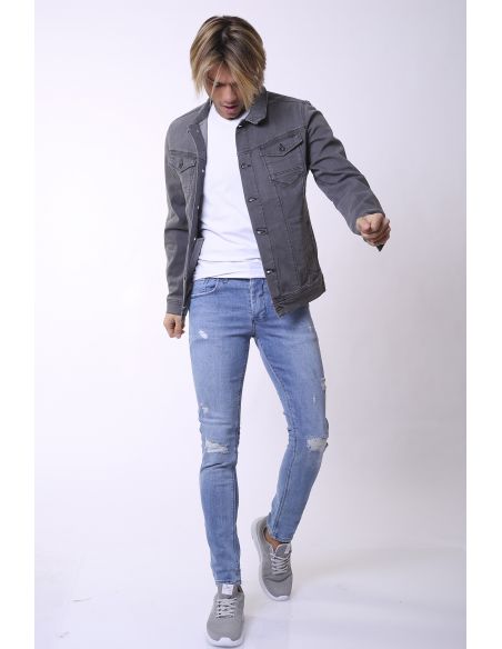 Double Pocket Buttoned Light Gray Mens Jeans Jacket
