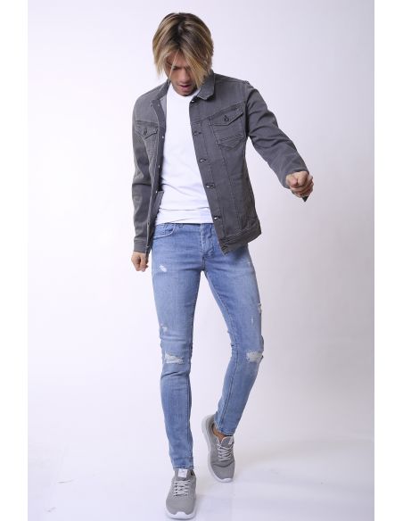 Veste de jeans à double poche boutonnée gris clair