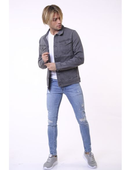 Veste de jeans à double poche boutonnée gris clair