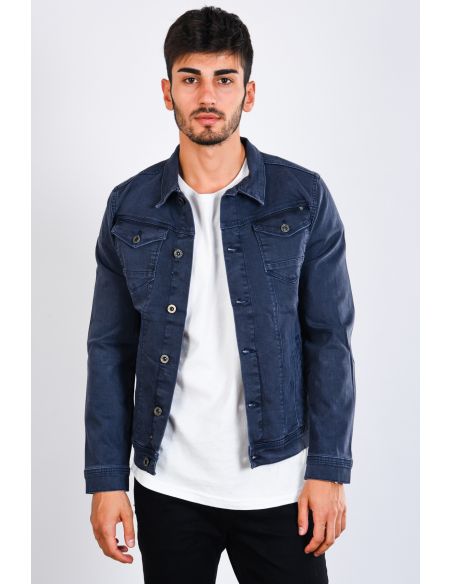 Double Pocket Buttoned Smoked Mens Jeans Jacket