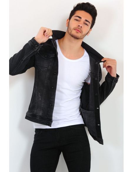 Double Pocket Buttoned Smoked Mens Jeans Jacket