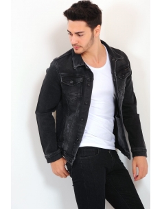 Double Pocket Buttoned Smoked Mens Jeans Jacket 2