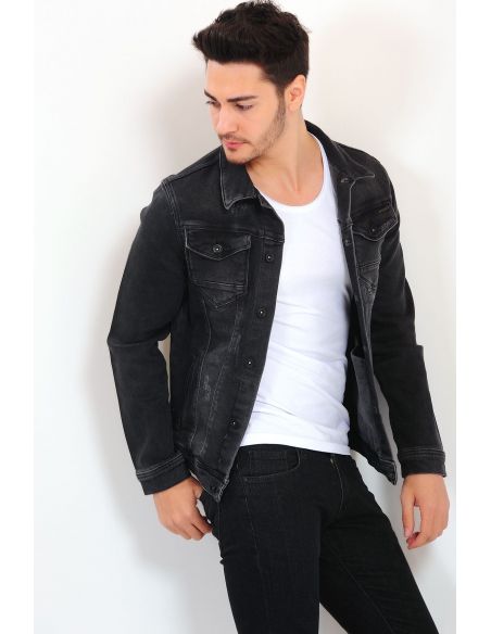 Double Pocket Buttoned Smoked Mens Jeans Jacket