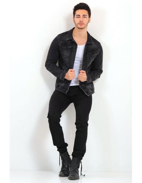 Double Pocket Buttoned Smoked Mens Jeans Jacket