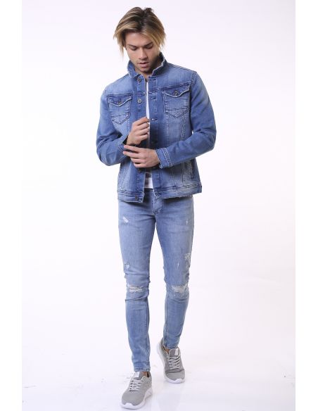 Blue Jeans Jacket with Double Pocket Button