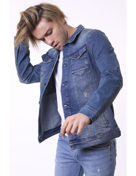 Double Pocket Button Tinted Fraying Detail Men's Jeans Jacket